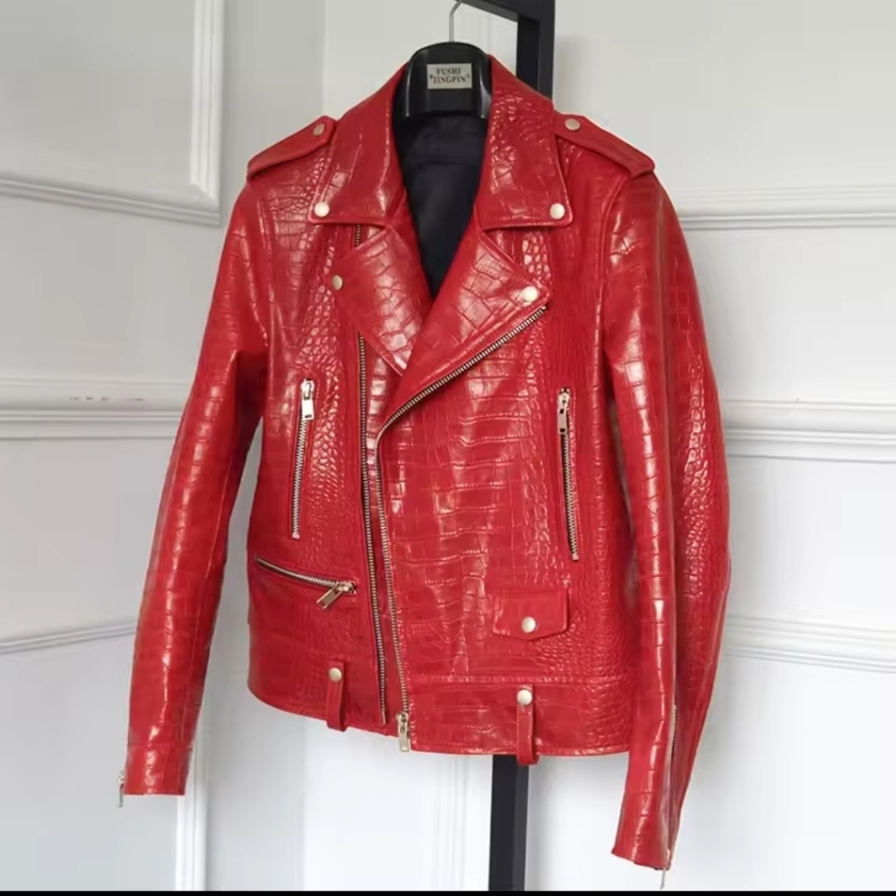 Red Croc-Embossed Leather Jacket - image 12